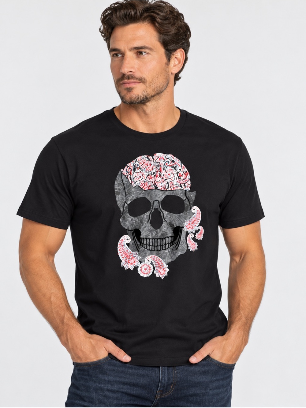 Robert Graham Men’s Black Paisley Skull Graphic T-Shirt Short Sleeve 1XL